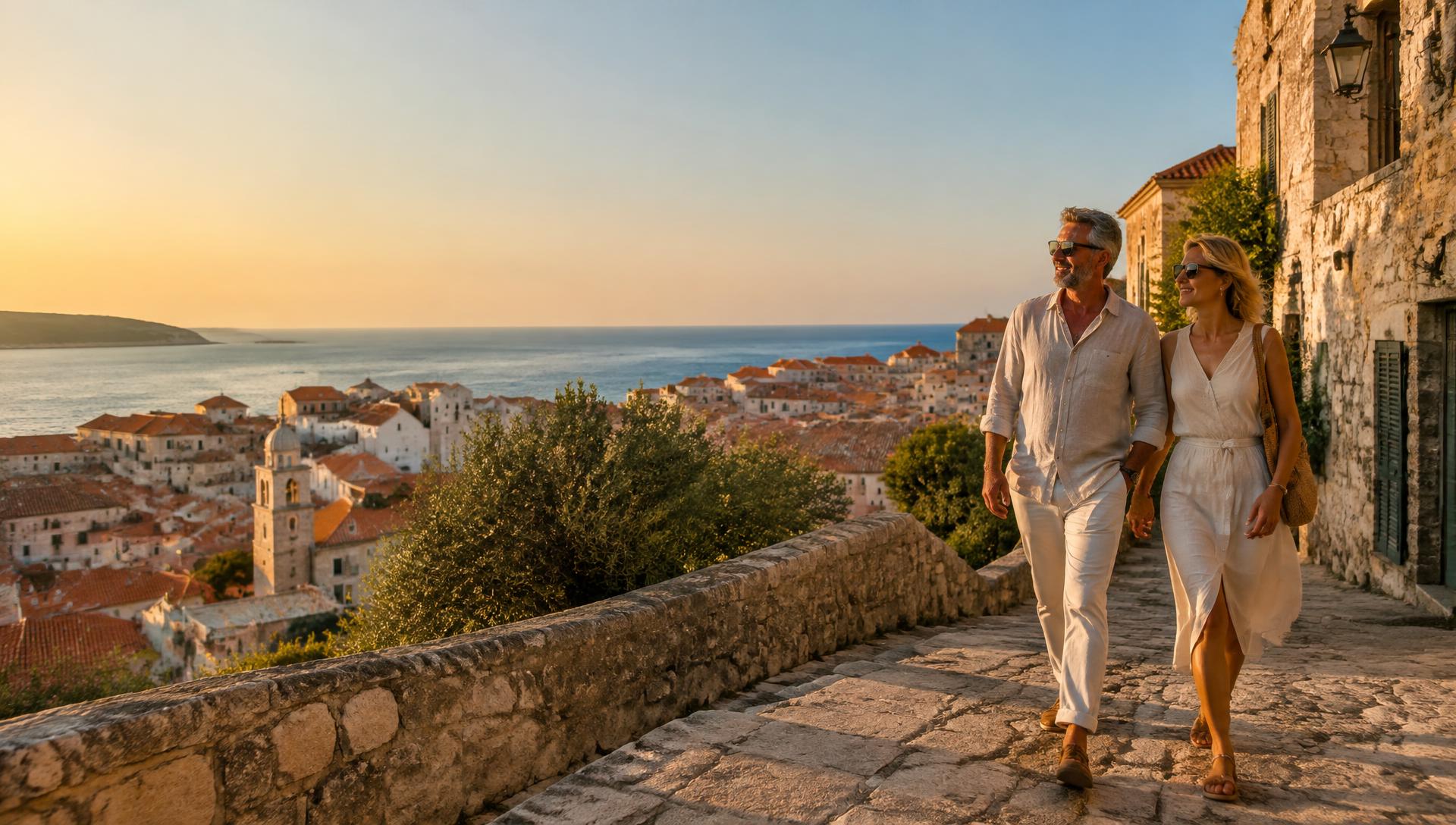 Two friends walking through a Mediterranean old town at golden hour